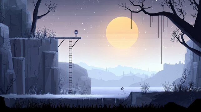 A stylized illustration of a platform with a ladder leading to a sign, set against a backdrop of a moonlit landscape.