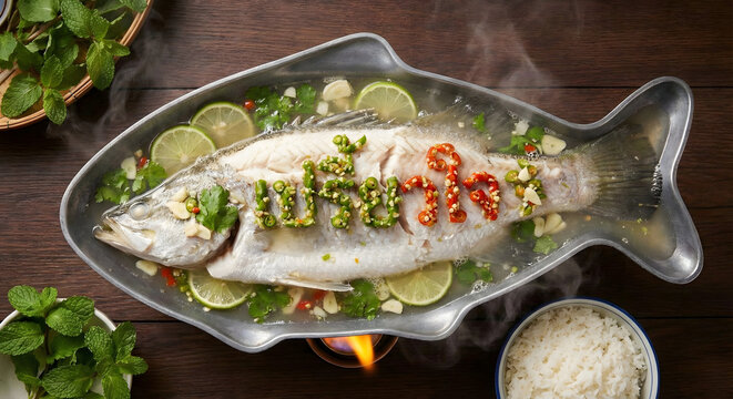 Steamed Sea Bass with Lime and Chili (Pla Neung Manao) Featuring Edible Typography