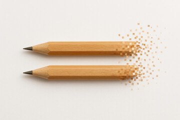 Fototapeta premium Two pencils crumbling into pixelated pieces. Space for text.