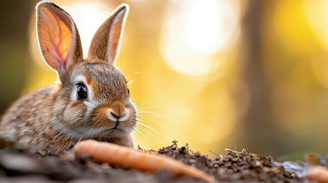 A close-up shot of a brown rabbit looking directly at the camera. A carrot and some dirt are in the foreground, with a blurred forest background and soft, golde