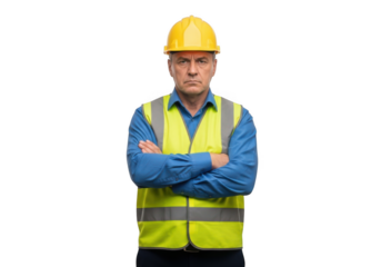 Serious construction worker wearing a yellow hard hat and reflective safety vest with arms crossed isolated on transparent background