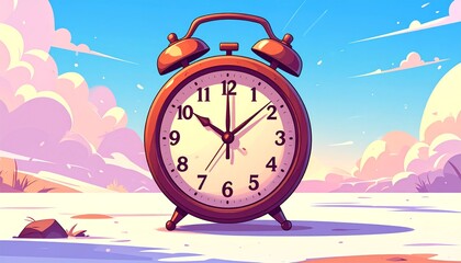 Cartoon alarm clock outdoors with time concept.