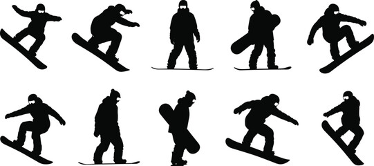 Snowboarding silhouettes, winter sport action poses, extreme snow tricks, black snowboarder icons, freestyle jump stances, dynamic rider movements, vector art