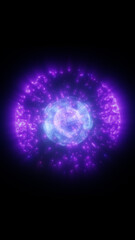 Glowing purple and blue energy sphere radiating light and plasma, resembling a cosmic explosion