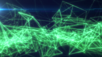 Naklejka premium Glowing green digital network of polygonal connections and geometric lines forming a luminous abstract web