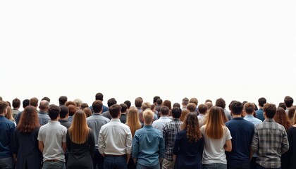 Obraz premium Many people stand closely, seen from behind against white void. Wear varied clothes, hair styles, suggesting community, event, gathering participation. Diverse group waits, watches, celebrates