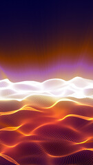 Vibrant glowing waves of particles forming a dynamic digital landscape in warm orange and cool white tones