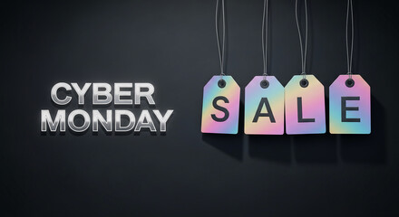 Metallic text "Cyber Monday" with tag labels spelling "SALE" hanging on dark surface, showcasing retail promotion and savings for holiday shopping