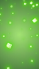 Playful floating green gift-box shapes drifting in a soft glowing green background