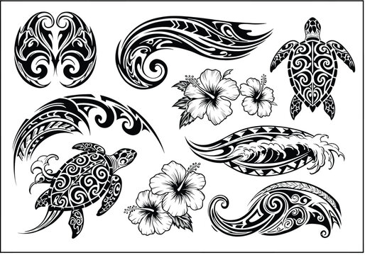 vector Set of Polynesian tribal tattoo designs including turtles waves and hibiscus flowers vector illustration for body art and cultural themes