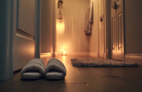 Fluffy slippers in warm hallway near bathroom light