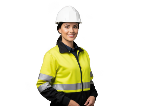Professional female construction worker wearing safety gear including hard hat and high visibility jacket isolated on transparent background