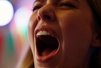 Close up of a person shouting with vibrant colorful lights behind