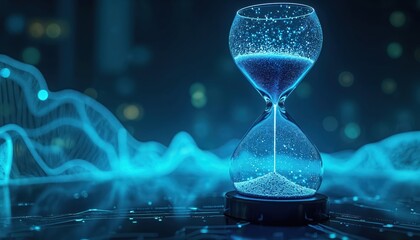 Futuristic hourglass shows blue digital sand flowing. Abstract glowing lines form waves in dark background. Time concept. Technology, future. Speed.