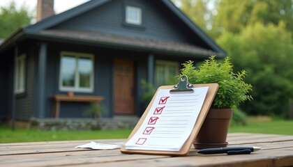 Clipboard with checklist on wooden table near house and green plant. Pen rests on table, indicating task completion, planning, or home management.