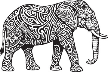 Intricate black and white tribal pattern elephant illustration isolated on white background. detailed artistic artwork for design projects.