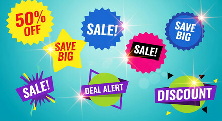 Image of assorted sale labels, colorful and dynamic, promoting special offers. Represents discount opportunity and marketing campaign elements