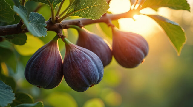 Ripe purple figs hang from a leafy tree branch against a soft golden sunset. The sun shines through green leaves, creating a warm, natural glow. These fresh fruits grow on a bush in a garden. - Powered by Adobe