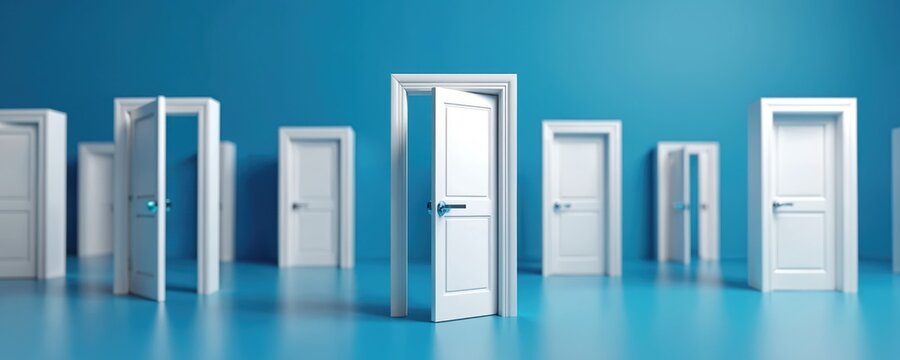 Multiple white open doors arranged in row against blue background. One door slightly ajar, suggesting choice, new beginnings. Offers sense of opportunity, path selection, future possibilities for - Powered by Adobe