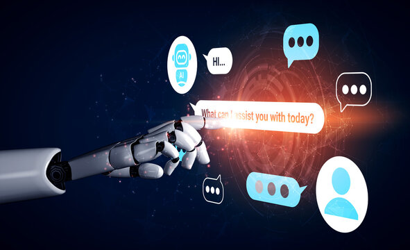 A futuristic robotic hand interacts with chat bubbles in a digital space, symbolizing AI assistance and modern communication technology in a visually appealing concept. Gantry