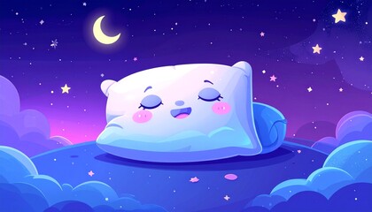 Cartoon pillow sleeping under starry night.