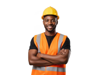 A smiling construction worker wearing a bright yellow hard hat and a high visibility orange safety vest isolated on transparent background