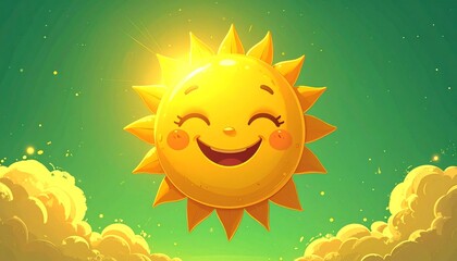 Cartoon smiling sun in green sky.