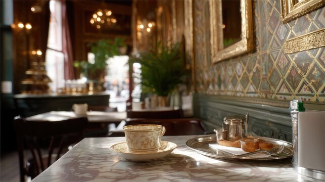 Elegant vintage cafe interior with ornate decor, fine china, and delicate pastries on a marble table