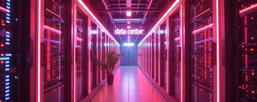 Futuristic data center interior design with servers and glowing neon lights. Data storage room provides digital infrastructure tech concept. Server racks and IT equipment with modern tech details. - Powered by Adobe