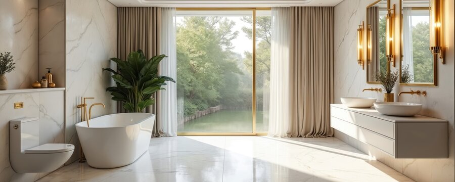 Modern bathroom with marble walls gold fixtures and soaking tub has large window with natural green view. White sink vanity with mirrors adds luxury and style. Elegant bath space.