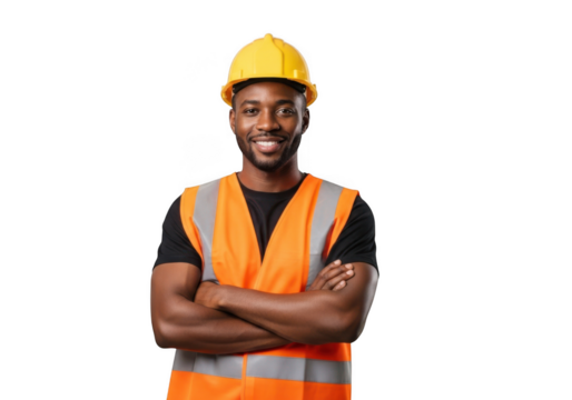 A smiling construction worker wearing a bright yellow hard hat and a high visibility orange safety vest isolated on transparent background