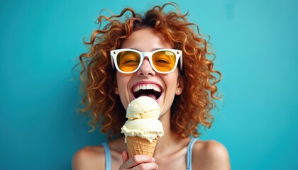 Young woman with curly red hair wears sunglasses and eats vanilla ice cream cone against blue wall. She laughs with delight enjoying sweet frozen dessert treat on hot summer day outdoors.