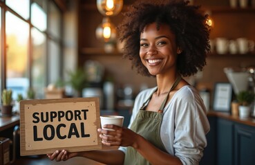 Smiling black woman barista holds coffee cup and support local sign. Female entrepreneur works in cafe. She wears apron serving customers with warm hospitality.