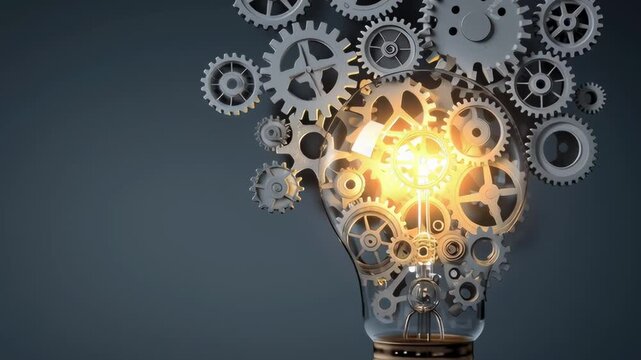 A light bulb with gears surrounding it. The light bulb is lit up and the gears are all different sizes. Concept of innovation and progress