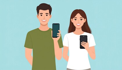 Couple holding smartphones with smiling.