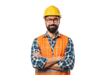 A smiling construction worker wearing a yellow hard hat and orange safety vest with arms crossed isolated on transparent background