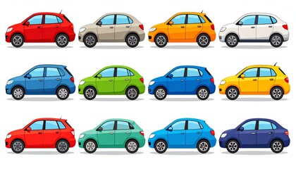 Colorful Compact Cars on White Background.