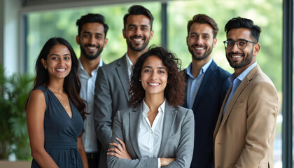 A diverse group of Indian business professionals smile and pose for a group photo in a modern office. They stand together showcasing teamwork and corporate success in a pro setting.