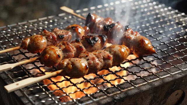 Grilling Delicious Japanese Yakitori Skewers Over Hot Charcoal.