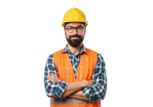 A smiling construction worker wearing a yellow hard hat and orange safety vest with arms crossed isolated on transparent background