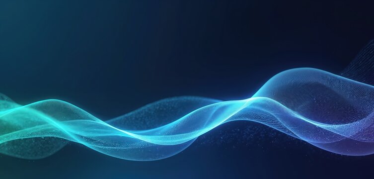 Glowing blue, green wave of light on dark background. Technology banner with curve texture. Digital illustration for design. Abstract neon wavy line. Futuristic cybernetic pattern. Shimmering