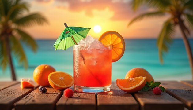 Refreshing tropical red cocktail with ice, orange slice, small green umbrella. Rests on rustic wooden table by ocean. Golden sunset illuminates tranquil blue water, tall palm trees. Fresh oranges,