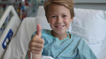 A young boy is smiling and giving a thumbs up while laying in a hospital bed. The boy is wearing a green hospital gown and he is happy despite being in a hospital setting