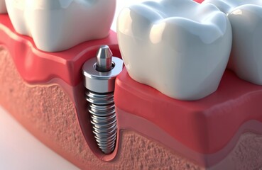 Dental implant screws into jaw bone structure below gum line. Artificial tooth root connects to abutment with crown above. Medical illustration shows implant process.