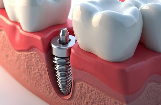 Dental implant screws into jaw bone structure below gum line. Artificial tooth root connects to abutment with crown above. Medical illustration shows implant process.