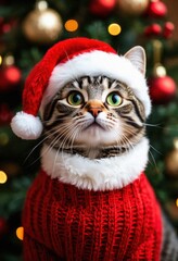 Festive tabby cat wearing a santa hat and red sweater, surrounded by holiday decorations and a christmas tree.