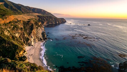 Coastal landscape at sunset.