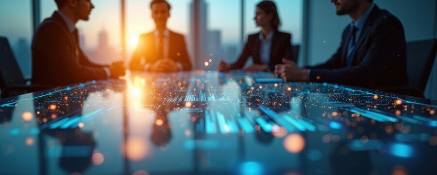 Business people meeting around conference table with futuristic holographic data display. Team brainstorms strategy for growth and innovation using advanced tech and AI insights.
