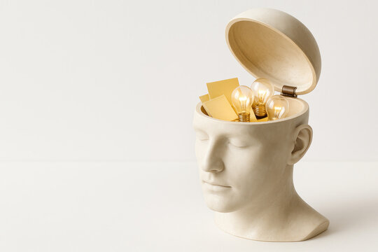 An open head with burning lamps and notes inside. Space for text.