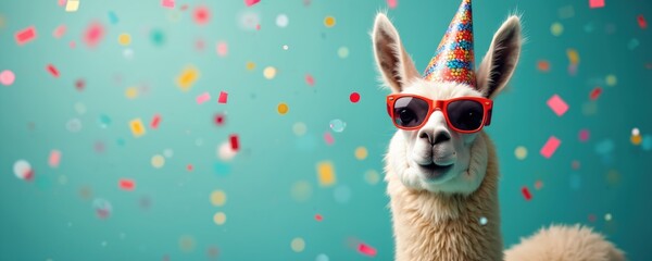 Celebratory illustration shows llama wearing party hat and red sunglasses. Confetti falls around funny animal. Image creates cheerful mood for party invitation, greeting card or kids design project.